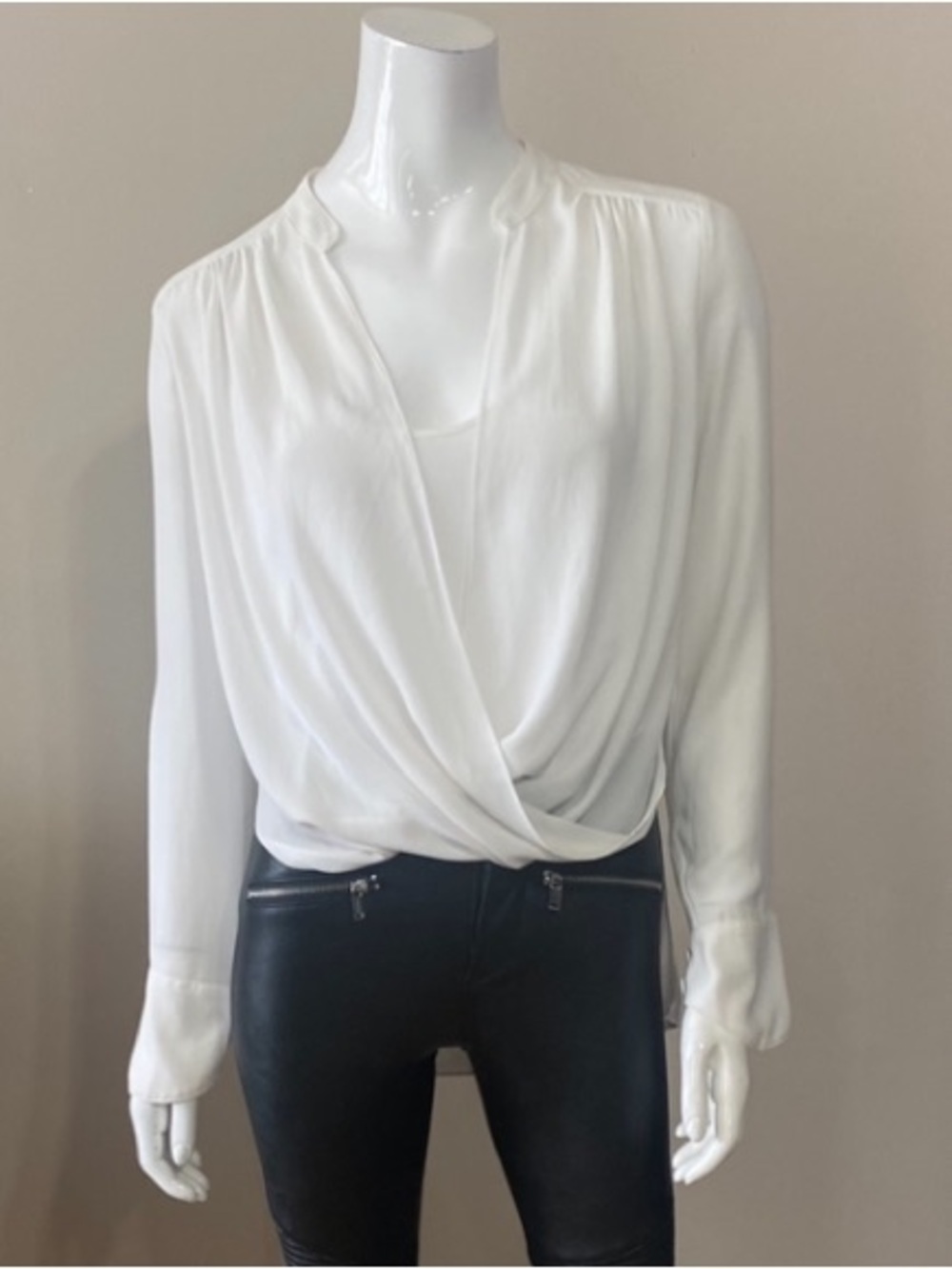 BCBGMaxAzria White Draped Surplice Blouse with Long Sleeves